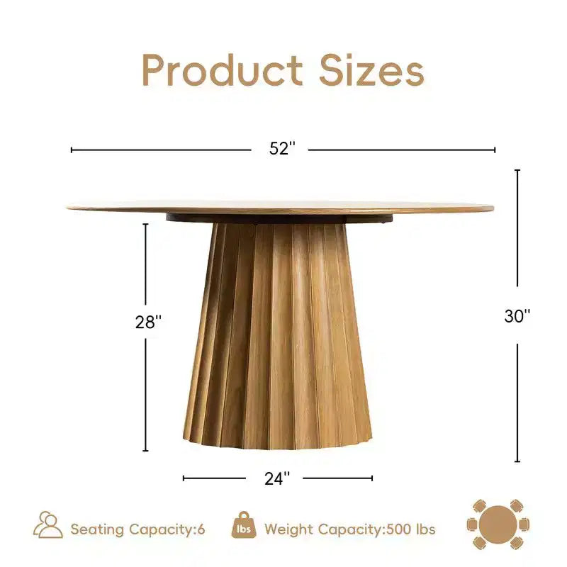 PexFix 52 moderne ronde eetkamertafelset met 8 gestoffeerde stoelen, natuurlijk getextureerd houten blad, geplooide voet, beige zittingen voor keuken en eetkamer