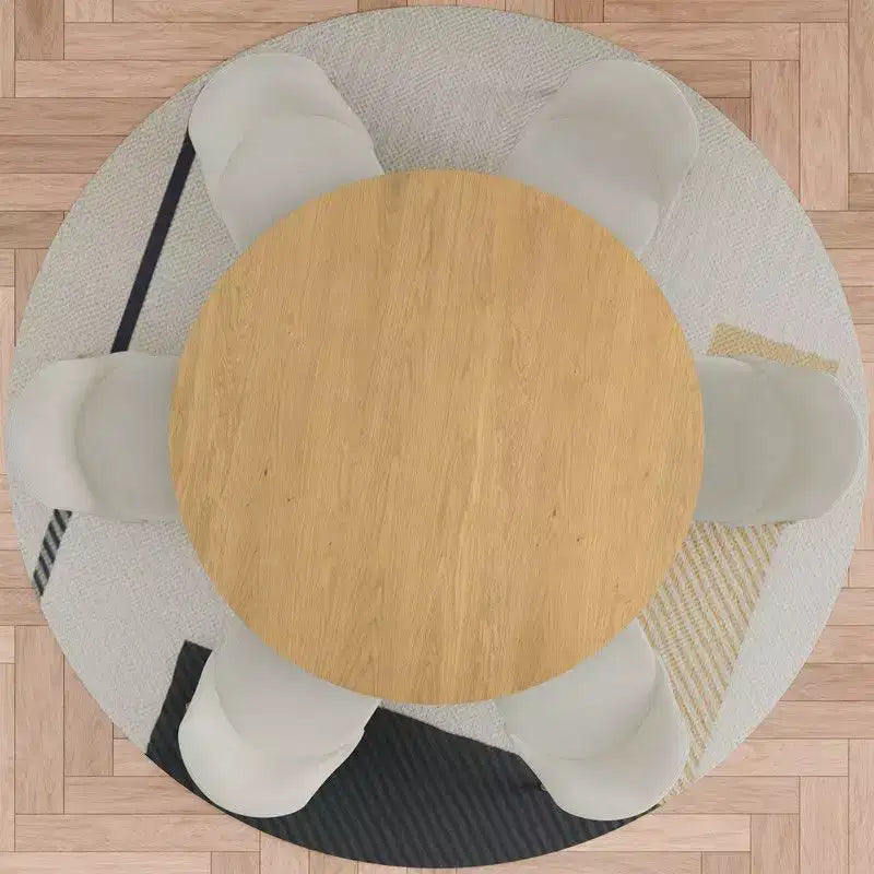 PexFix 52 moderne ronde eetkamertafelset met 8 gestoffeerde stoelen, natuurlijk getextureerd houten blad, geplooide voet, beige zittingen voor keuken en eetkamer
