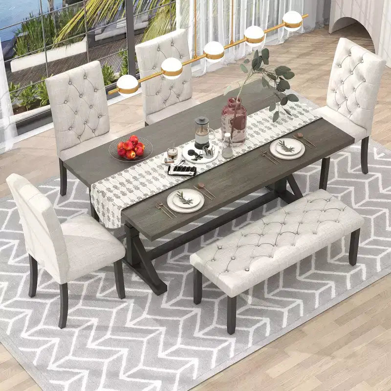 GDFStudio Oliver Vintage Extendable Dining Table Set for 4-6 with 42-58 Farmhouse Table and Upholstered Chairs