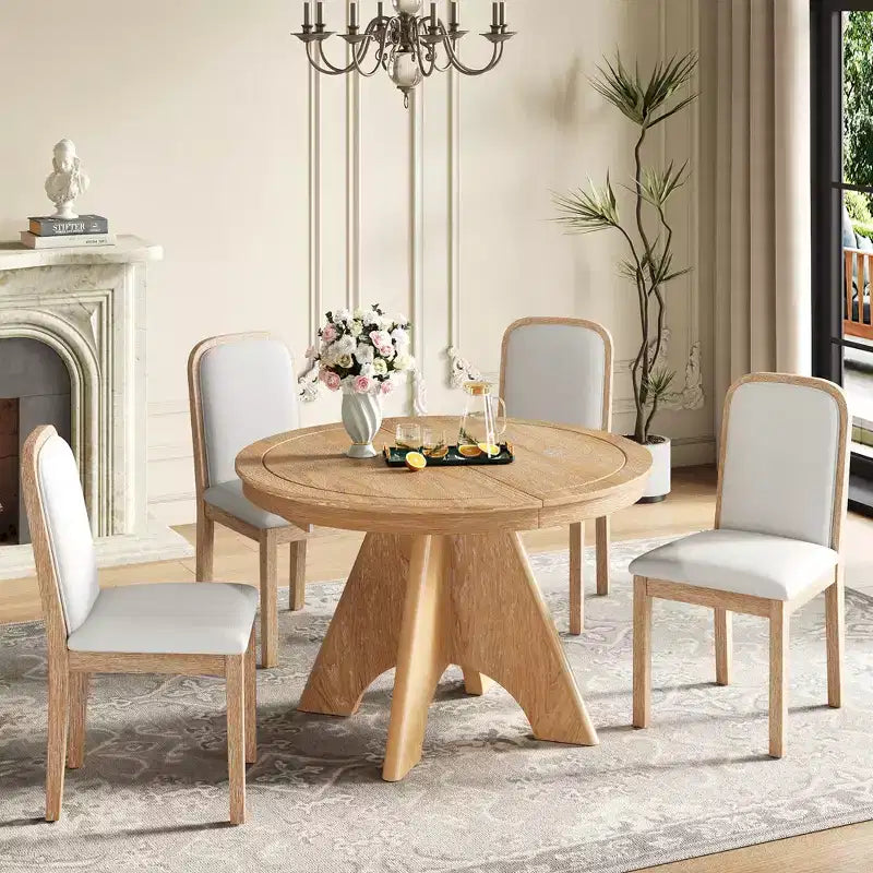 GDFStudio Oliver Vintage Extendable Dining Table Set for 4-6 with 42-58 Farmhouse Table and Upholstered Chairs