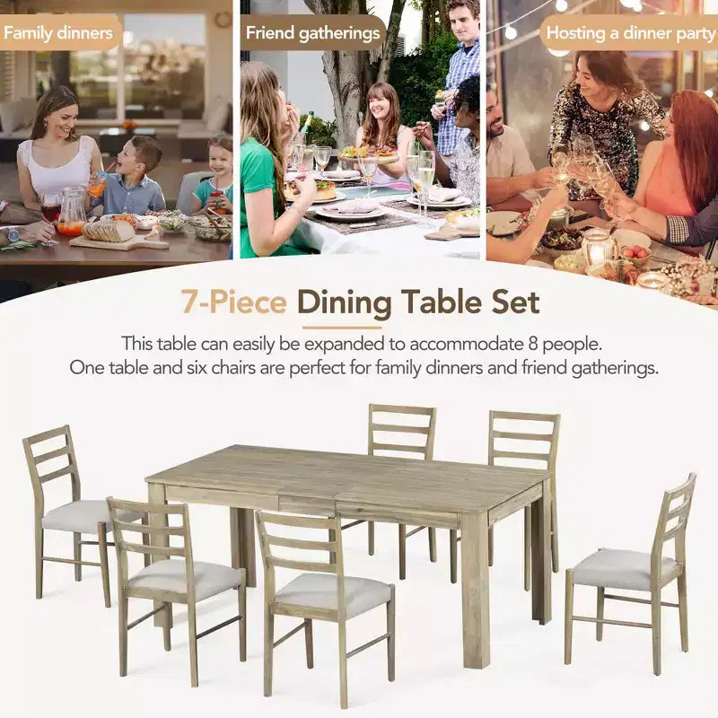 GDFStudio Louisa drveni blagovaonski set od 7 dijelova s produljivim stolom i tapeciranim stolicama