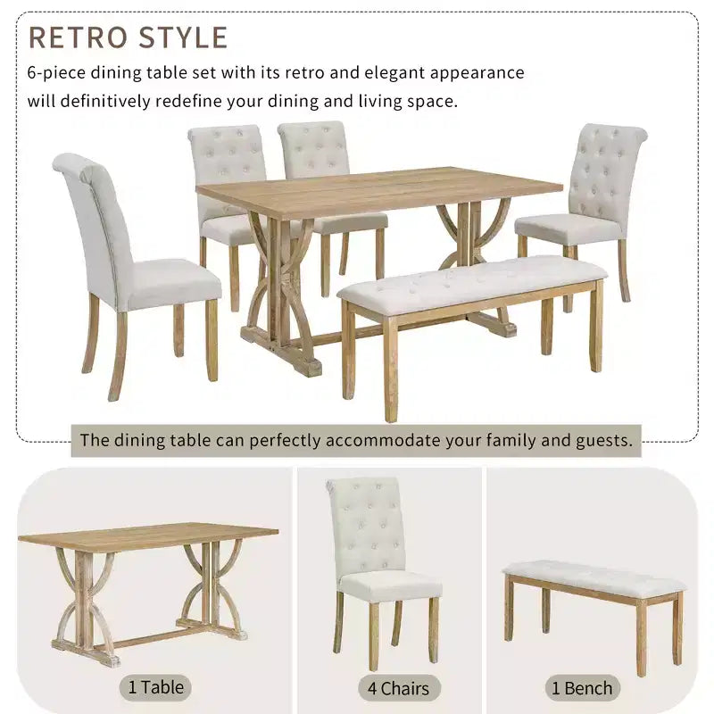 GDFStudio Kent 6-teiliges Esszimmertisch-Set aus Massivholz mit gepolsterten Stühlen und Bank