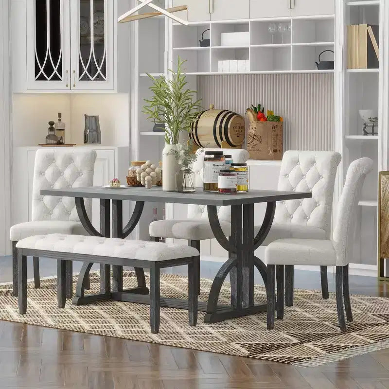 GDFStudio Kent 6-teiliges Esszimmertisch-Set aus Massivholz mit gepolsterten Stühlen und Bank