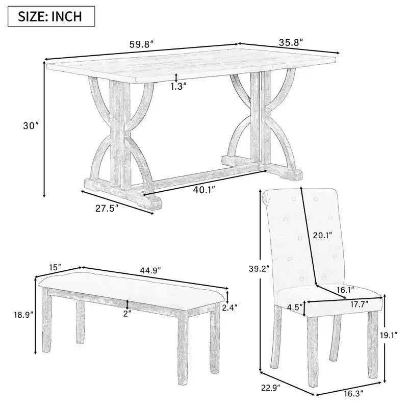 GDFStudio Kent 6-teiliges Esszimmertisch-Set aus Massivholz mit gepolsterten Stühlen und Bank