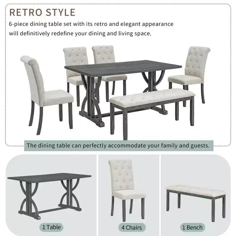 GDFStudio Kent 6-teiliges Esszimmertisch-Set aus Massivholz mit gepolsterten Stühlen und Bank