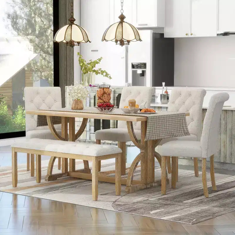 GDFStudio Kent 6-teiliges Esszimmertisch-Set aus Massivholz mit gepolsterten Stühlen und Bank