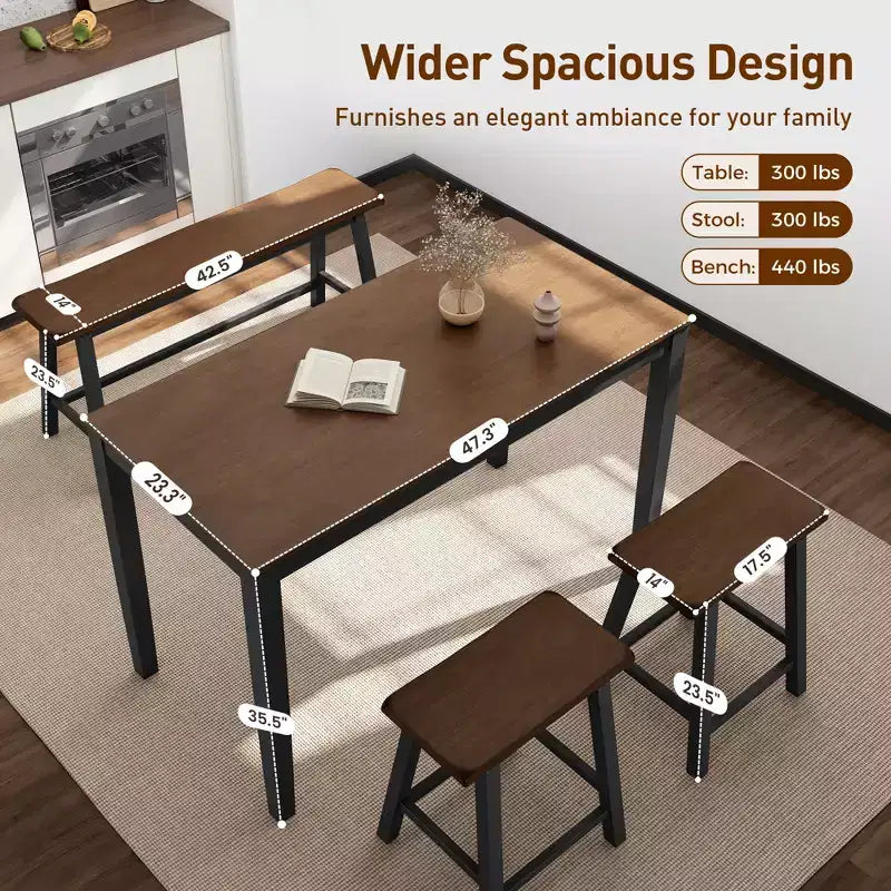 Captiva Designs 4-teiliges Esszimmertisch-Set aus Holz mit rechteckigem Esstisch, Hockern und Bank