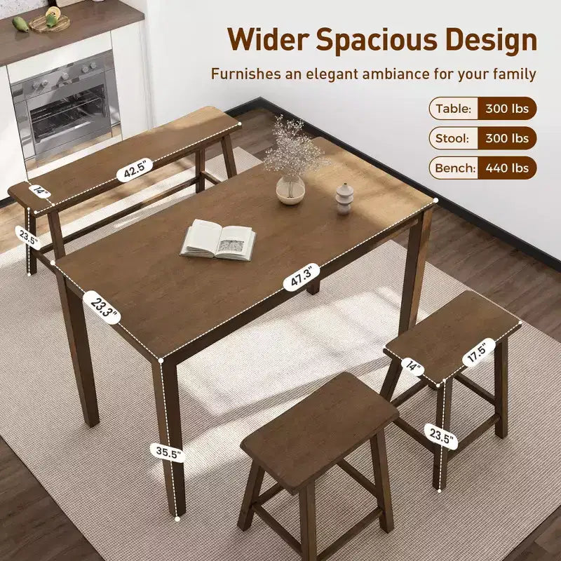 Captiva Designs 4-teiliges Esszimmertisch-Set aus Holz mit rechteckigem Esstisch, Hockern und Bank