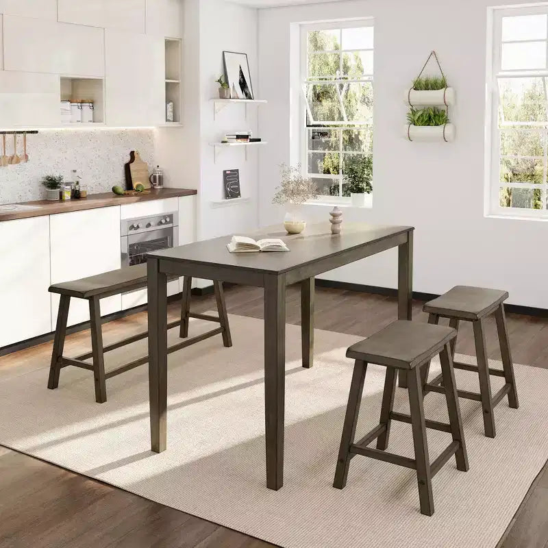Captiva Designs 4-delige houten eetkamerset met rechthoekige eettafel, krukken en bank