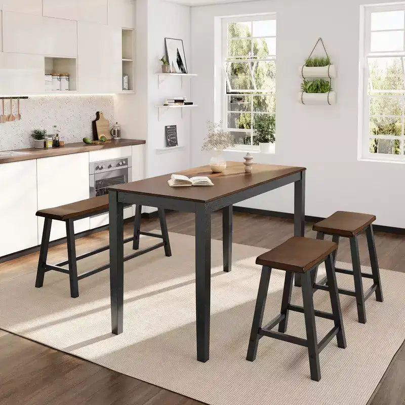 Captiva Designs 4-delige houten eetkamerset met rechthoekige eettafel, krukken en bank