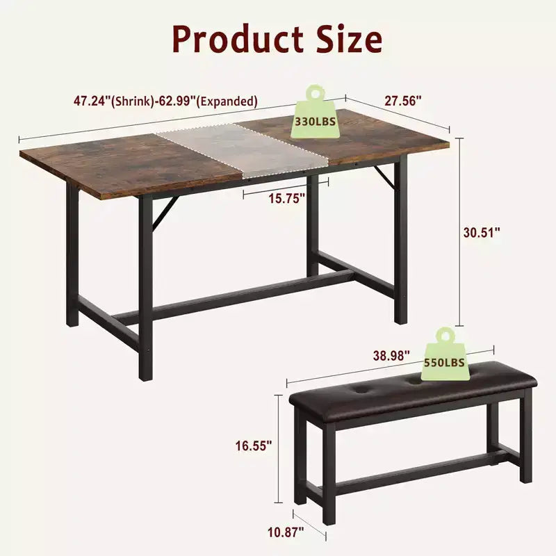 Set da pranzo 63 per 4-8 persone, ampio set da cucina allungabile con 2 panche imbottite per 6 persone, set da pranzo rettangolare da 3 pezzi per 4 persone