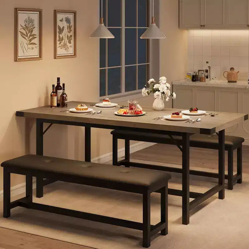 Set da pranzo 63 per 4-8 persone, ampio set da cucina allungabile con 2 panche imbottite per 6 persone, set da pranzo rettangolare da 3 pezzi per 4 persone