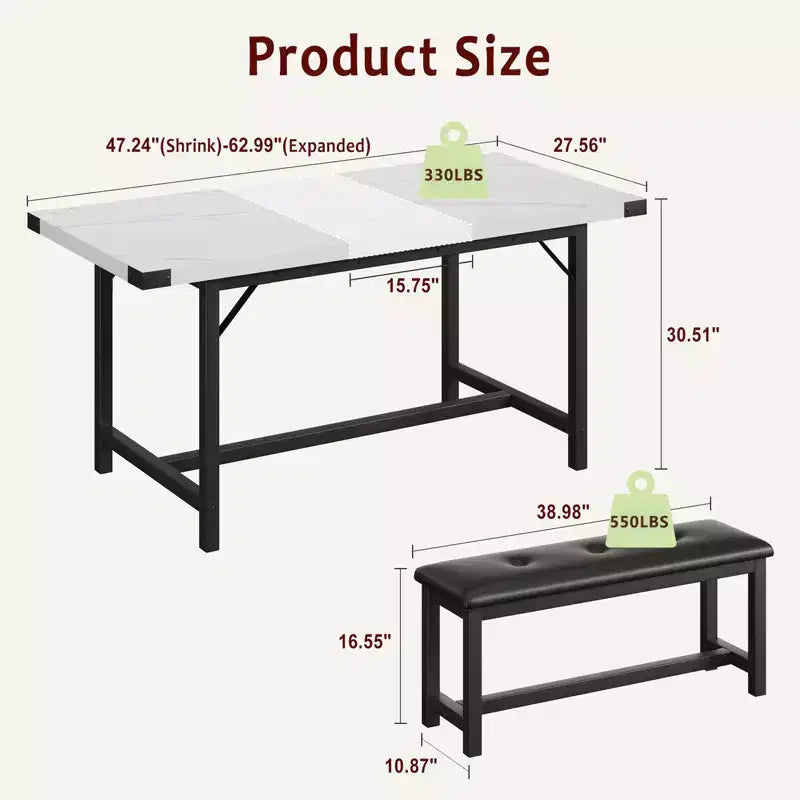 Set da pranzo 63 per 4-8 persone, ampio set da cucina allungabile con 2 panche imbottite per 6 persone, set da pranzo rettangolare da 3 pezzi per 4 persone