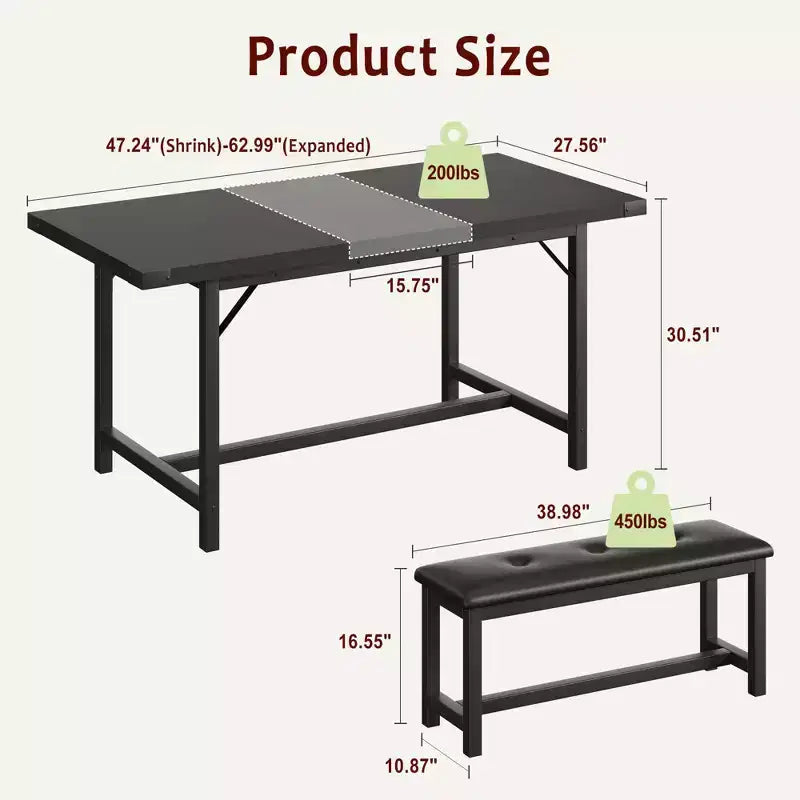 Set da pranzo 63 per 4-8 persone, ampio set da cucina allungabile con 2 panche imbottite per 6 persone, set da pranzo rettangolare da 3 pezzi per 4 persone
