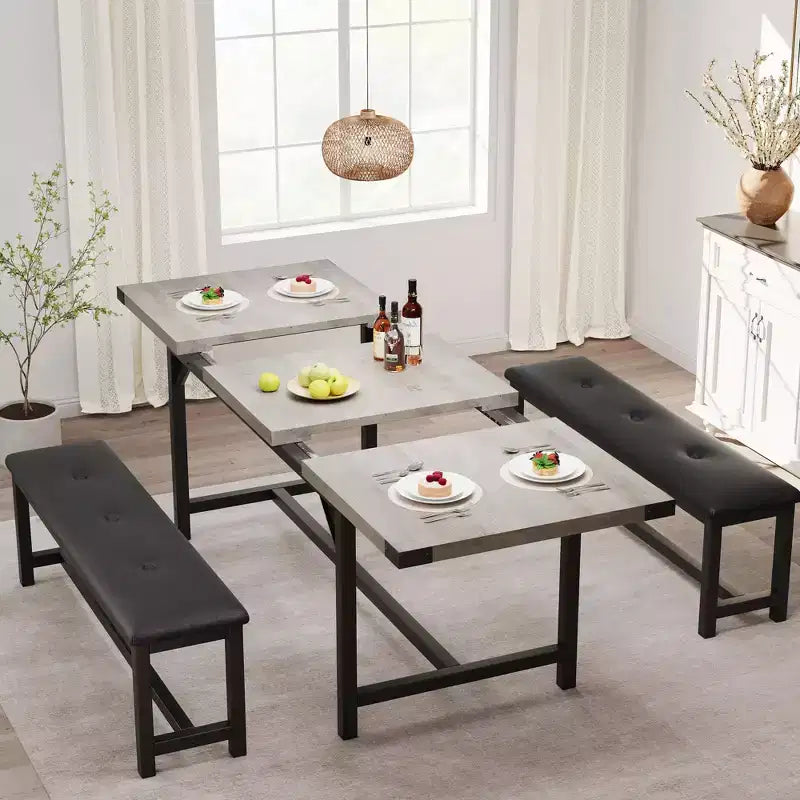 Set da pranzo 63 per 4-8 persone, ampio set da cucina allungabile con 2 panche imbottite per 6 persone, set da pranzo rettangolare da 3 pezzi per 4 persone