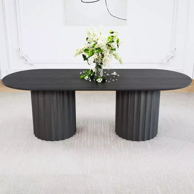 86 inch Cylindrical Double-base Oval Black Dining Table with 8 Dining chairs Suitable for Dining Room / Living Room