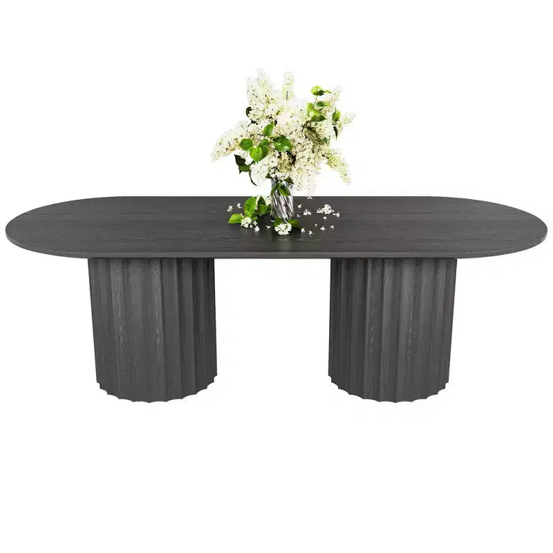 86 inch Cylindrical Double-base Oval Black Dining Table with 8 Dining chairs Suitable for Dining Room / Living Room