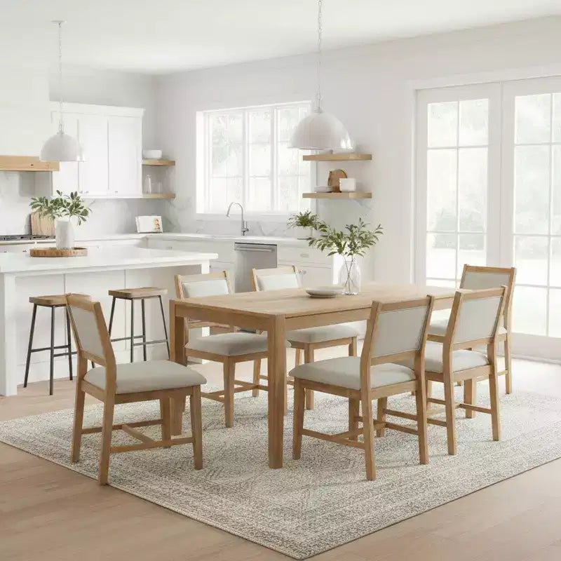 Homy Casa 7-teiliges Esszimmer-Set aus Holz mit 6 gepolsterten Stühlen, naturfarbene Oberfläche