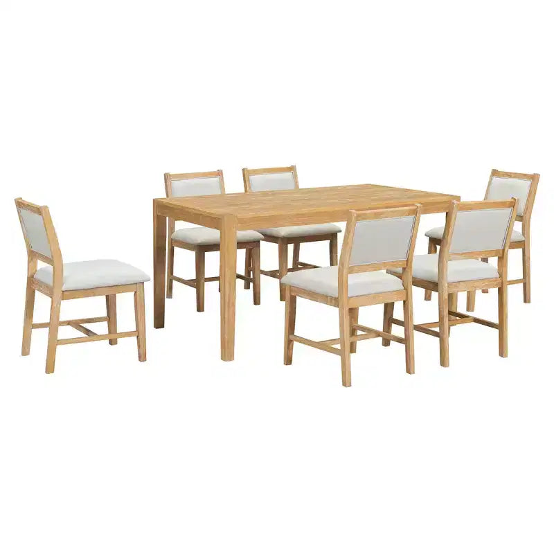 Homy Casa 7-teiliges Esszimmer-Set aus Holz mit 6 gepolsterten Stühlen, naturfarbene Oberfläche