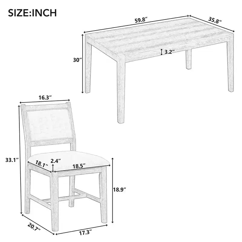 Homy Casa 7-teiliges Esszimmer-Set aus Holz mit 6 gepolsterten Stühlen, naturfarbene Oberfläche