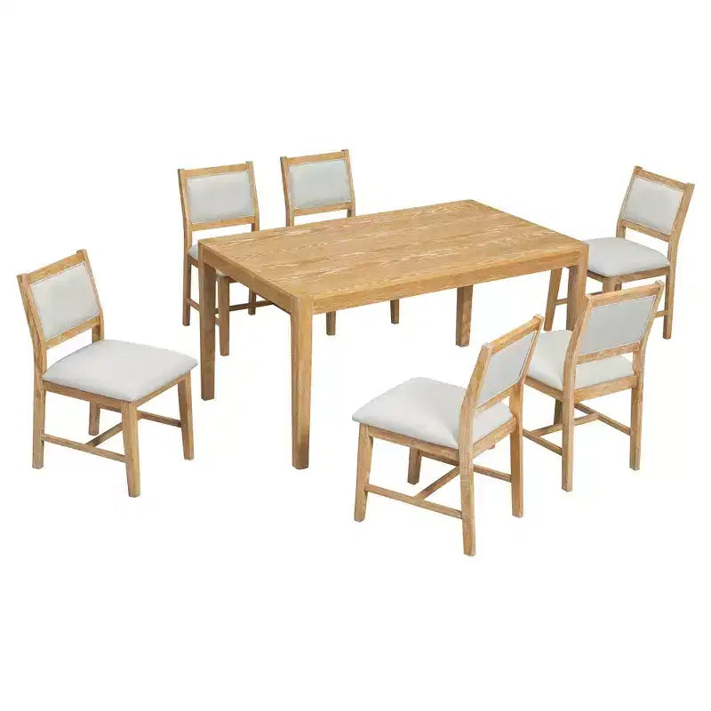 Homy Casa 7-teiliges Esszimmer-Set aus Holz mit 6 gepolsterten Stühlen, naturfarbene Oberfläche