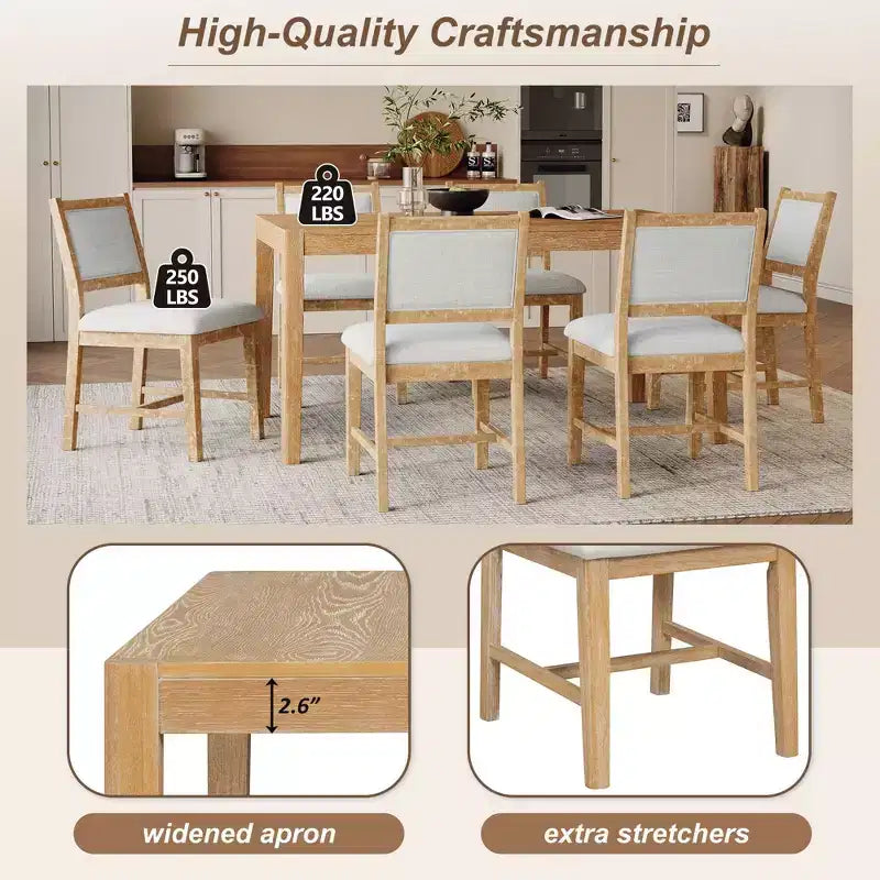 Homy Casa 7-teiliges Esszimmer-Set aus Holz mit 6 gepolsterten Stühlen, naturfarbene Oberfläche