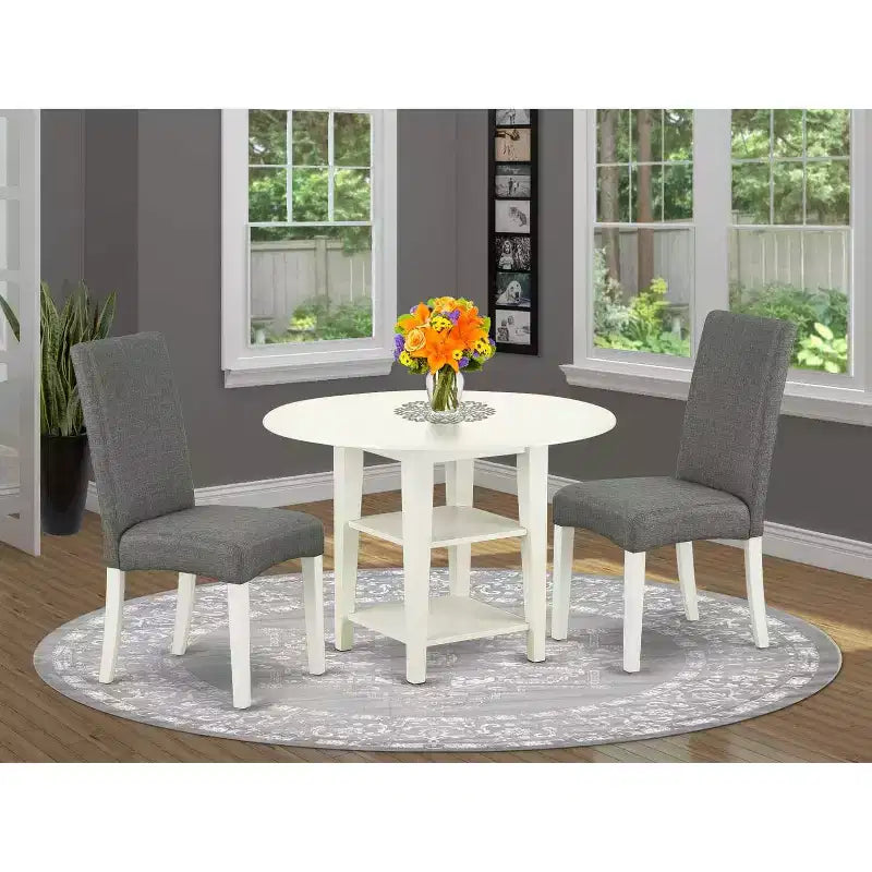 Set da pranzo Urban Oasis 3 pezzi - tavolo 20x42 e 2 sedie Parsons - gambe color bianco lino - tessuto grigio