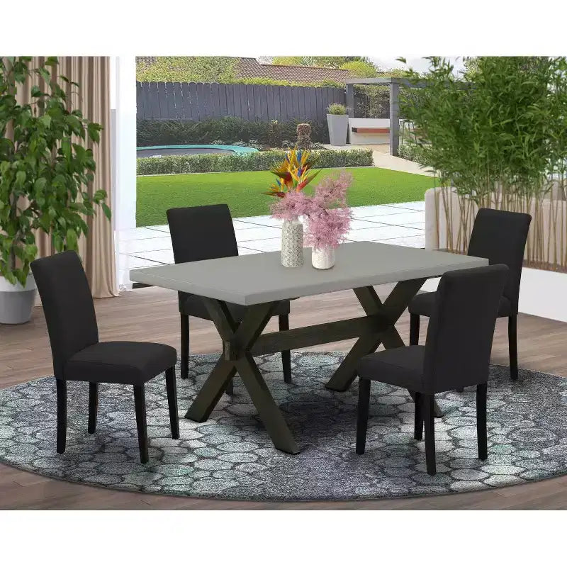 HomeStock 5-Pc Rectangle Natural Oak Finish Solid Wood Top Dining Table with 4 Upholstered Chairs