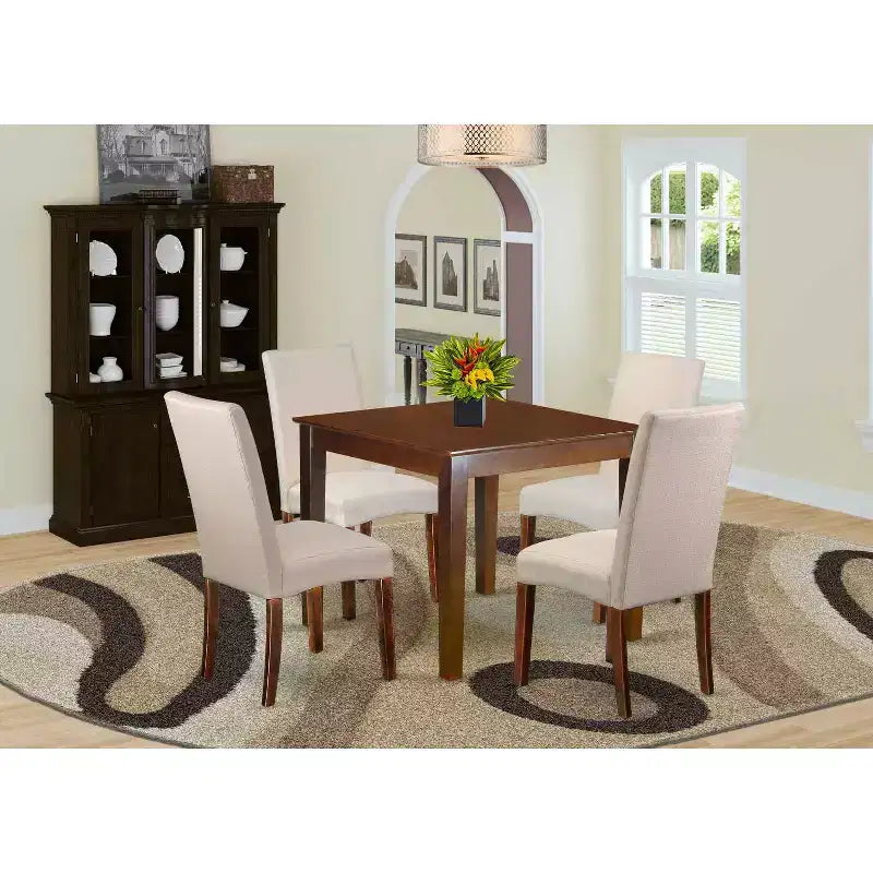 Rustic Dining Set 5Pc Square Table & Chairs - Cream Linen Fabric, Mahogany Legs - Home Kitchen Furniture