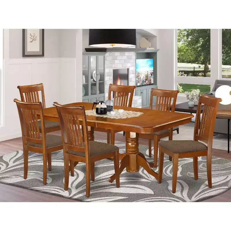 7-teiliges Küchen-Esszimmer-Set - Holztisch und Leinenstühle - rechteckig, 40x78 Zoll