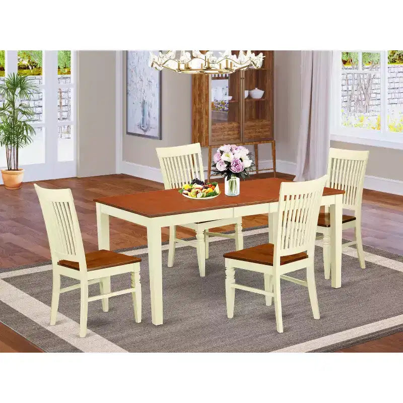 Vintage-Esszimmergarnitur - 5-teiliges Tisch- und Stuhlset - Küchentisch mit Einlegeplatte - Buttermilch-Kirschholz-Finish