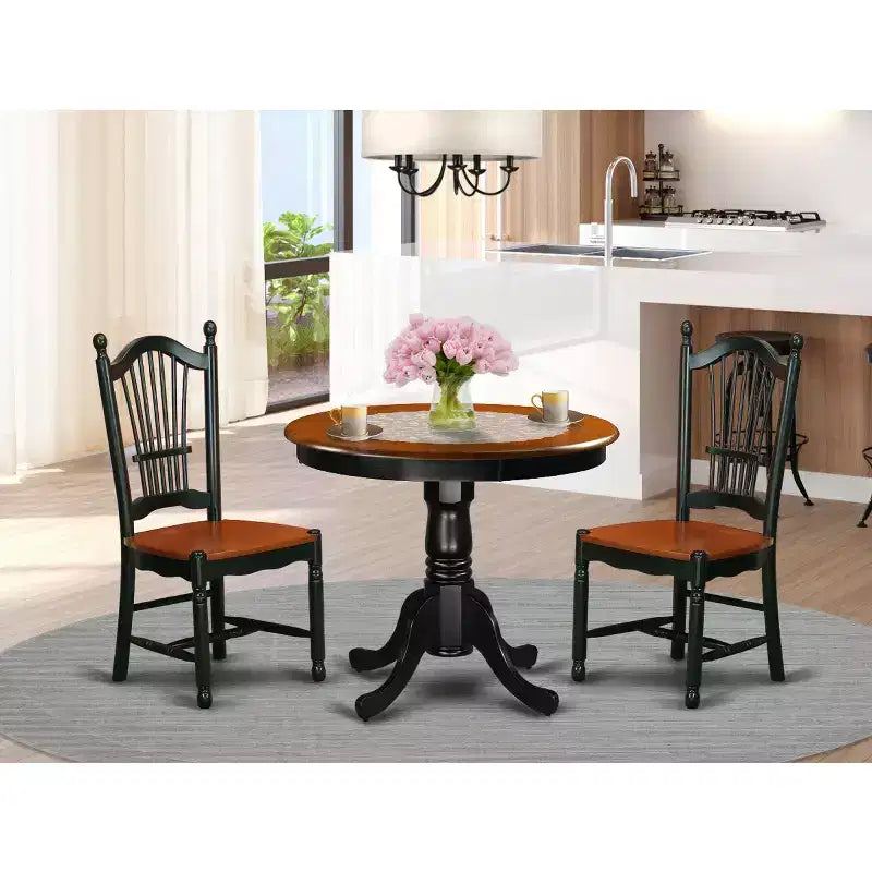 Kitchen Table Set 3pc Round Dinette Set Wood Chairs Black Cherry Finish