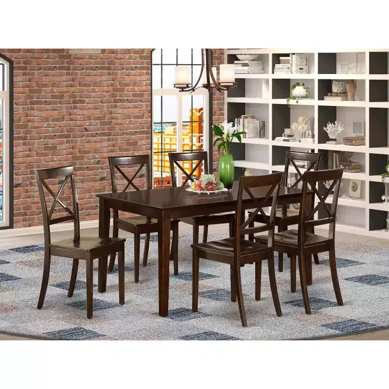 Eettafel- en stoelenset - eclectische elegantie, massief hout, cappuccinokleurige afwerking - keukentafelset voor 6 personen
