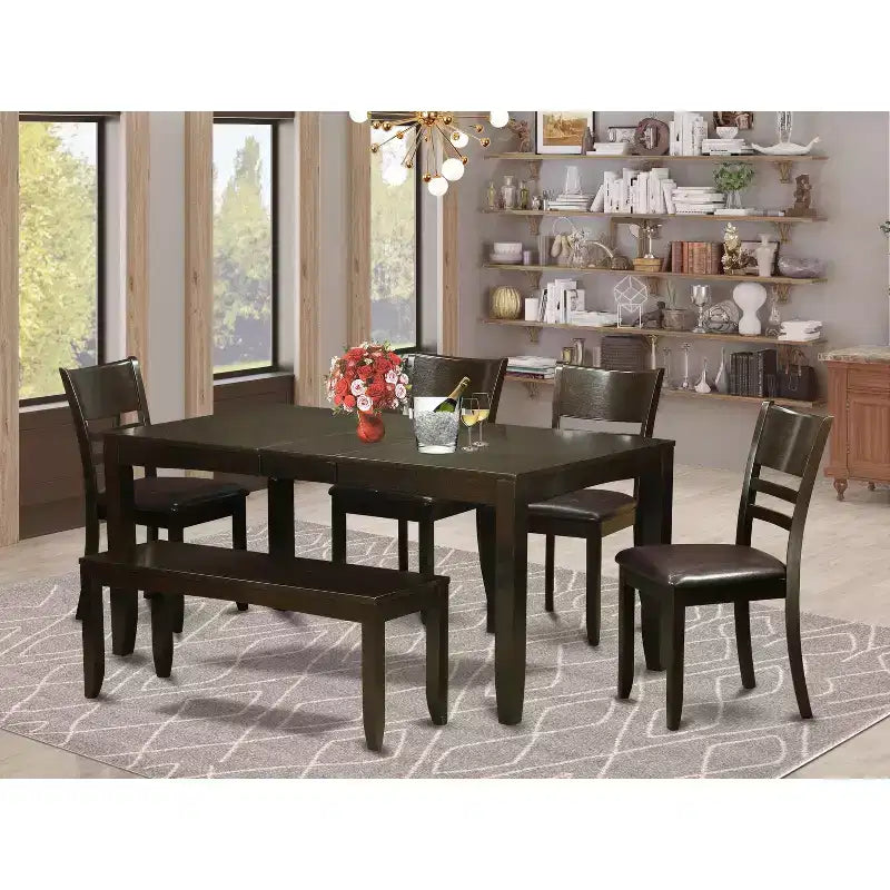 6-teiliges Esszimmer-Tischset - rechteckiger Tisch, 4 Stühle und Bank - Küchenset