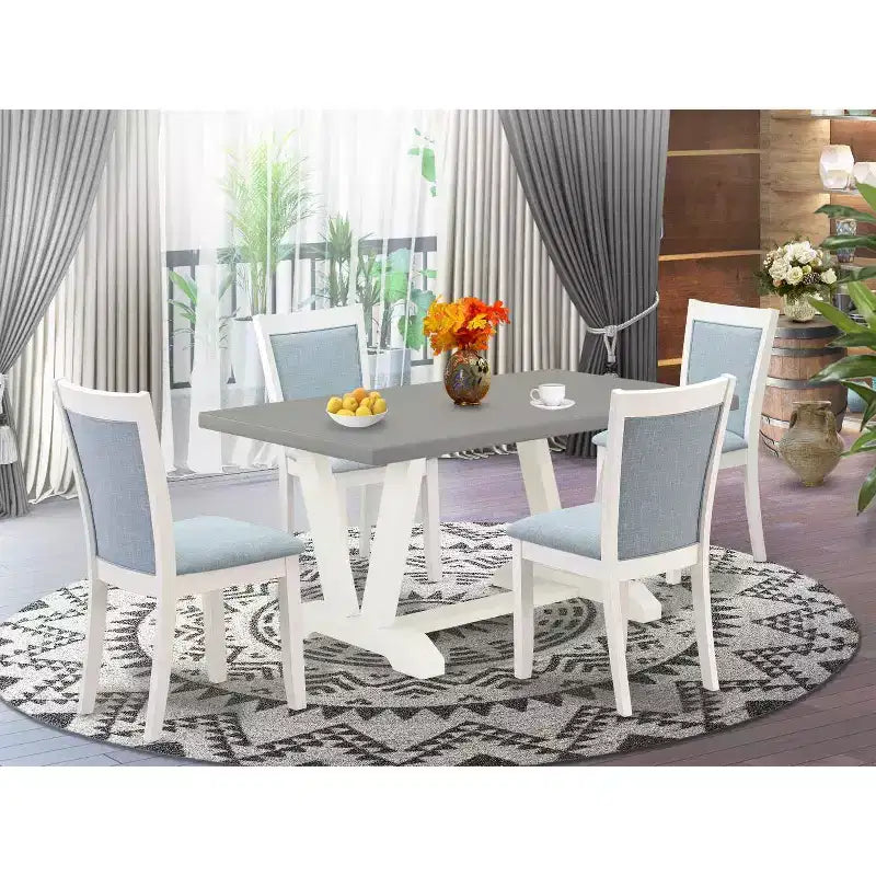 HomeStock 5-teiliges Esszimmer-Set mit gebürsteter Leinenweiß-Oberfläche, Massivholzplatte und 4 Stühlen