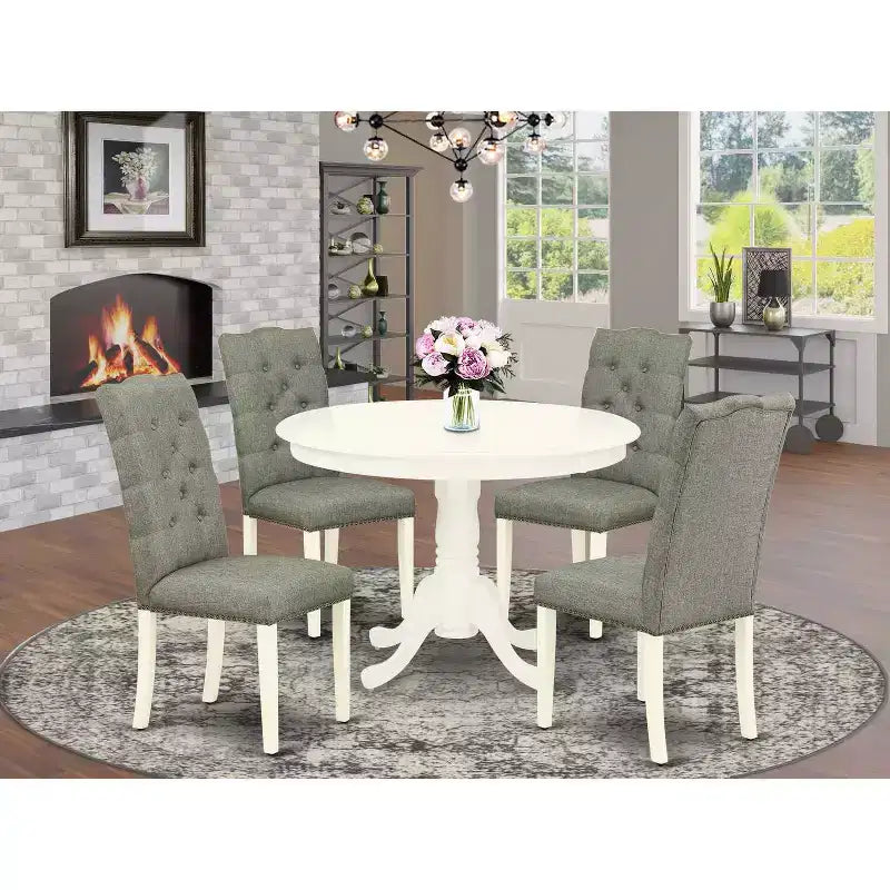 HomeStock 5-teiliges Esszimmer-Set mit Massivholzplatte in Leinenweiß-Finish und 4 Parson-Stühlen
