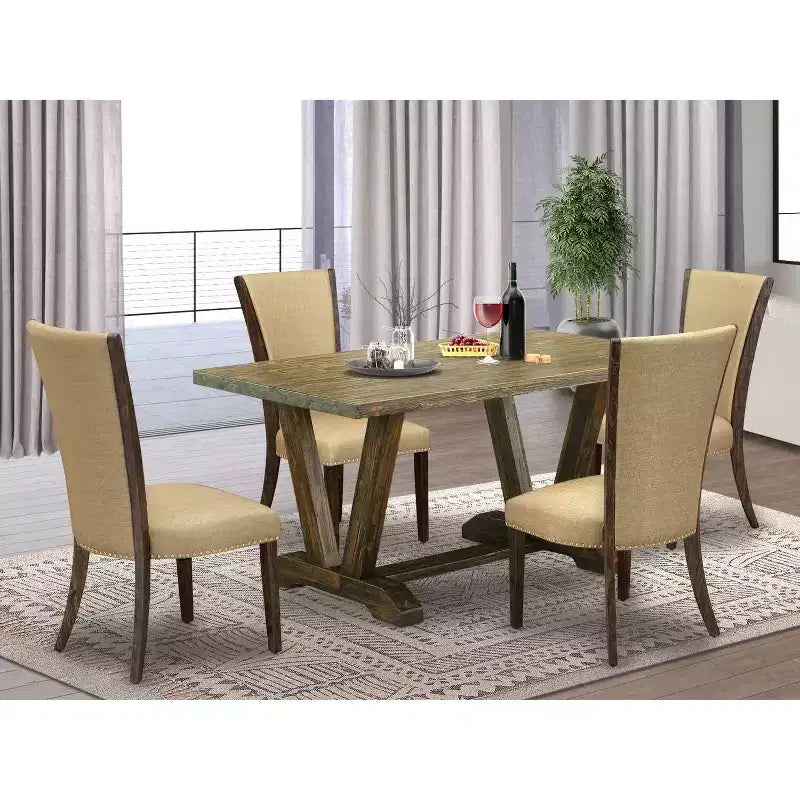 HomeStock 5-teiliges Esszimmerset mit verwittertem Jacobean-Finish, Tischplatte aus Massivholz und 4 gepolsterten Stühlen