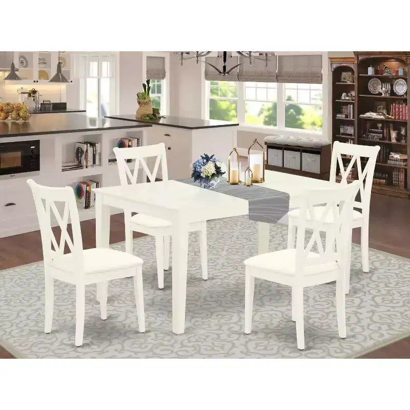5Pc Dinette Set - Rectangle Table & 4 Kitchen Chairs - Linen White Finish - Modern Dining Room Set