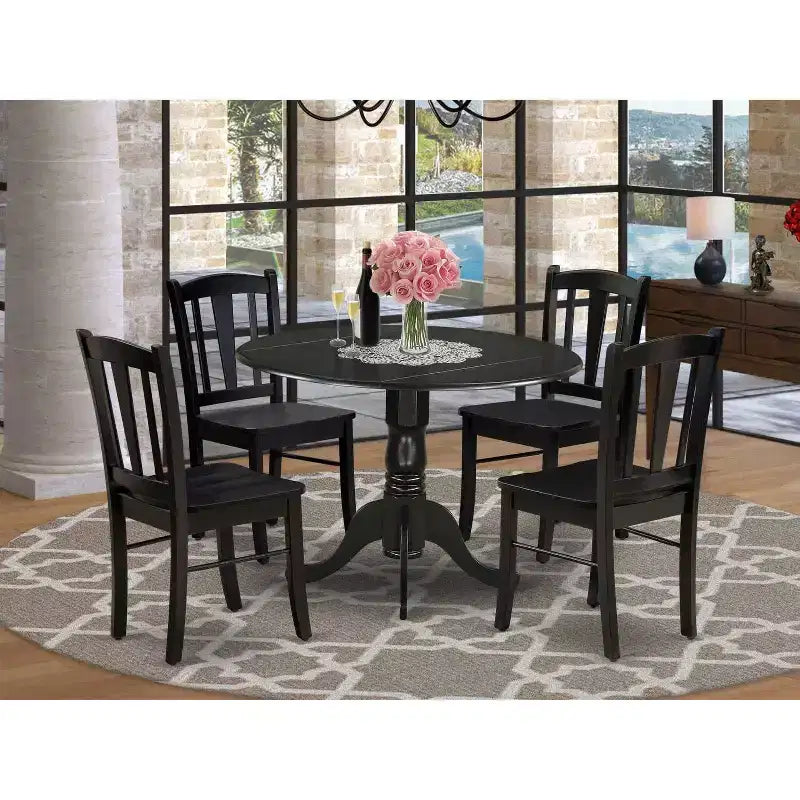 HomeStock 5-teiliges Esszimmertisch-Set in Schwarz mit Tischplatte aus Massivholz und 4 Stühlen