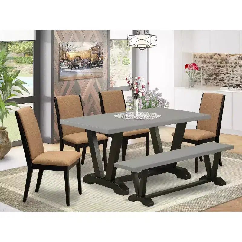 HomeStock 6-teiliges rechteckiges Esszimmer-Set mit Natural-Oak-Finish, Tischplatte aus Massivholz, 1 Sitzbank und 4 Stühlen