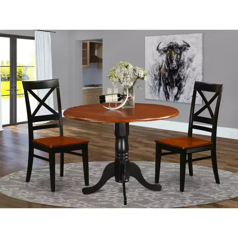 Set da pranzo con tavolo rotondo - Set da cucina con tavolo e sedia da 3 pezzi, 42 pollici, finitura nero ciliegio