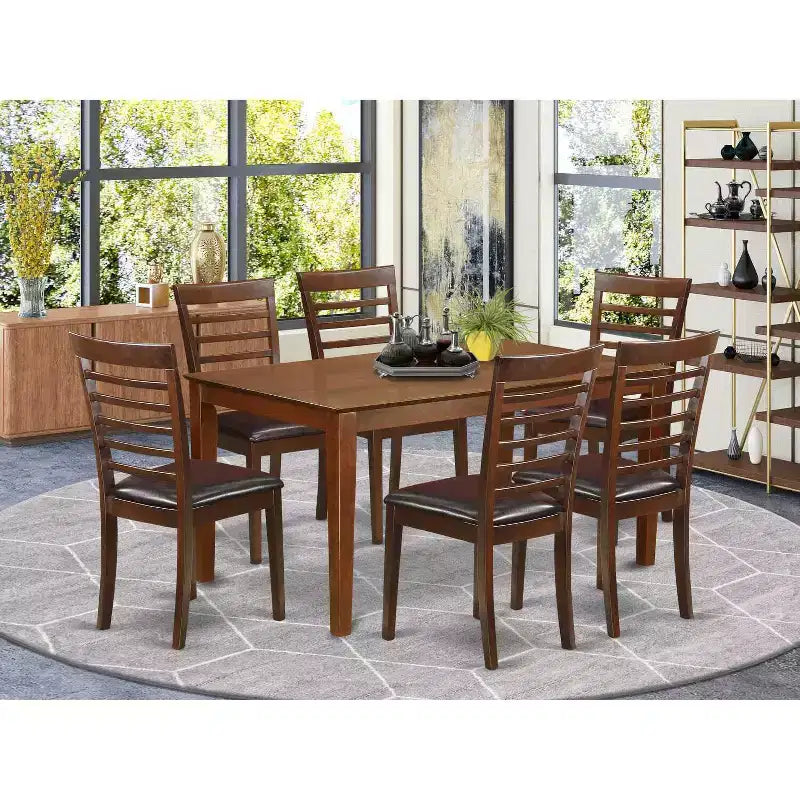 HomeStock 7-teiliges rechteckiges Esszimmer-Set mit Massivholzplatte in Mahagonifinish, Esstisch mit 6 Stühlen