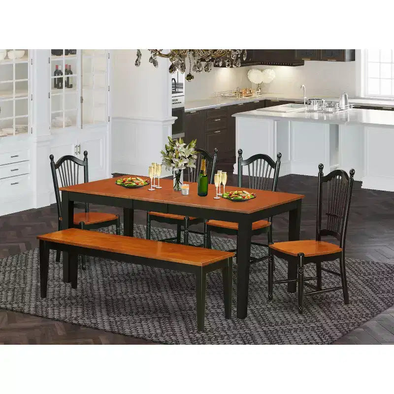 Tavolo da pranzo rettangolare HomeStock da 6 pezzi, finitura nera e ciliegio, piano in legno massello, con 1 panca e 4 sedie