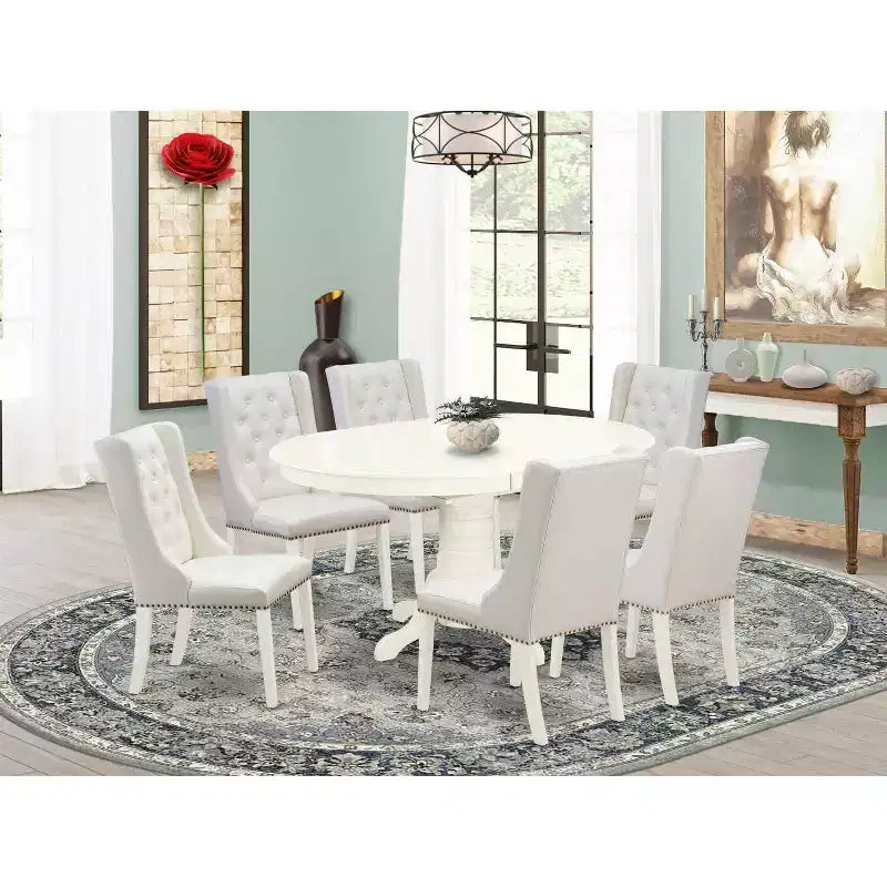 HomeStock 7-teiliges Esszimmer-Set mit Leinenweiß-Finish, Tischplatte aus Massivholz und 6 Parson-Stühlen