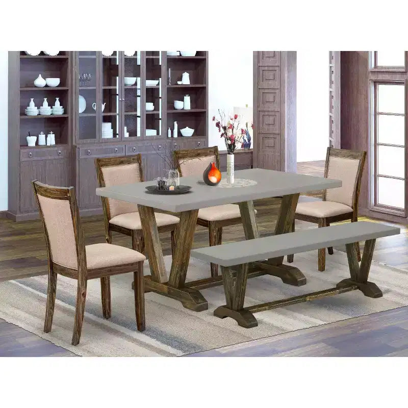 HomeStock Essgruppe, 6-teilig, rechteckig, Used-Jacobean-Finish, Tischplatte aus Massivholz mit 1 Bank und 4 Stühlen