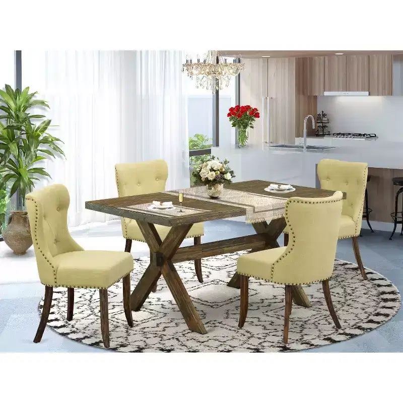 HomeStock 5-teiliges rechteckiges Esszimmer-Set im Used-Look mit Jacobean-Finish, Tischplatte aus Massivholz und 4 Parsons-Stühlen