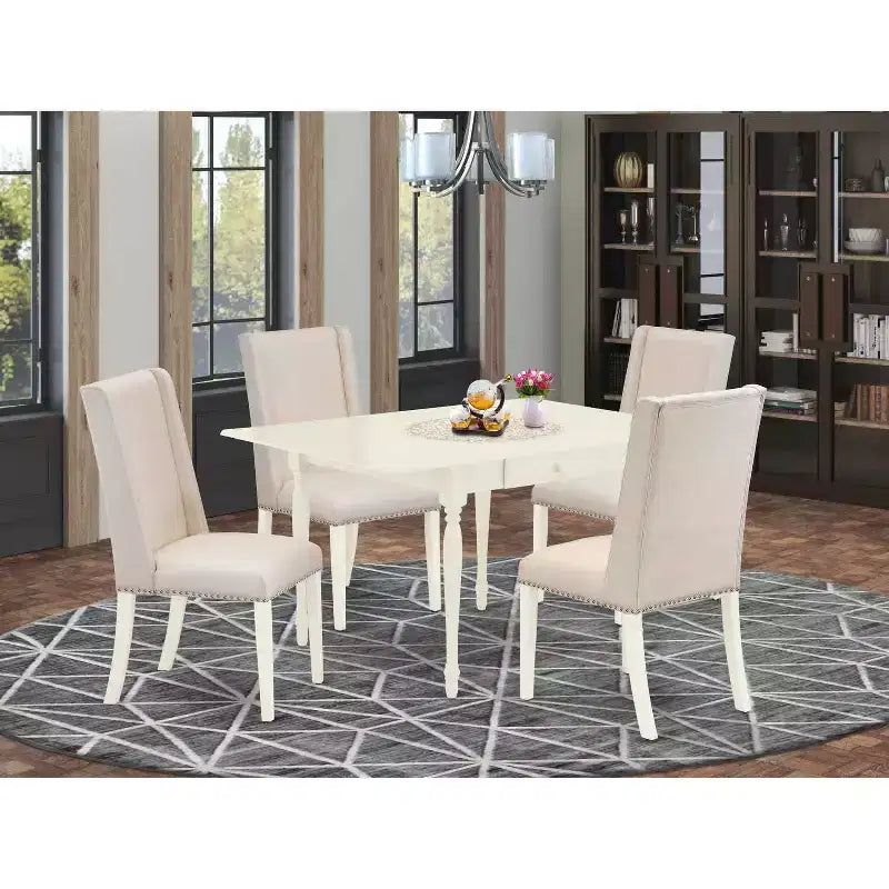 Mittelalterliches Küchen-Tischset - 5-teiliges Esszimmer-Set - Tisch aus Hartholz und 4 Parsons-Stühle - Leinenweiß-Finish