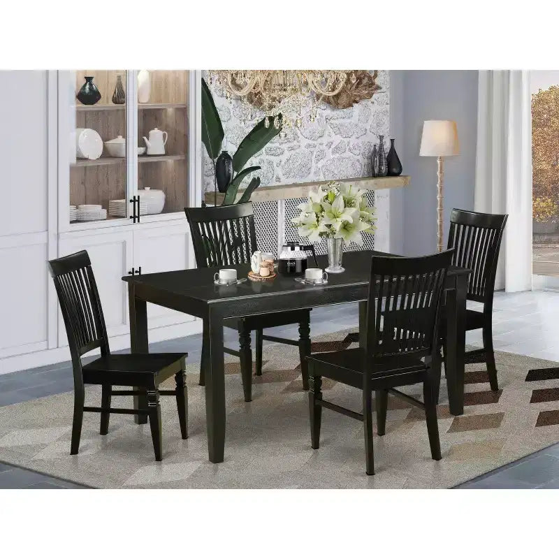 Mid-Century Dining Set - Table & 4 Chairs - 36x60 Inch - Black Finish - Modern Kitchen Furniture