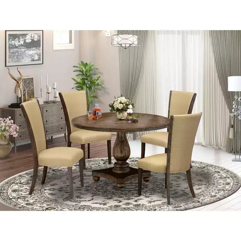 HomeStock 5-Piece Round Distressed Jacobean Finish Solid Wood Top Dining Table with 4 Parson Chair