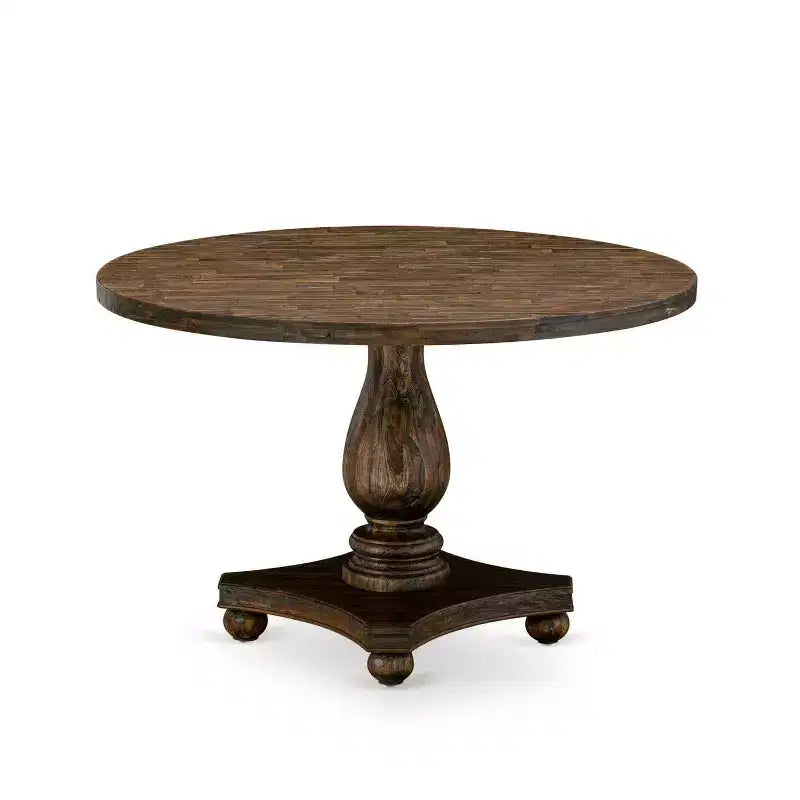 HomeStock 5-Piece Round Distressed Jacobean Finish Solid Wood Top Dining Table with 4 Parson Chair